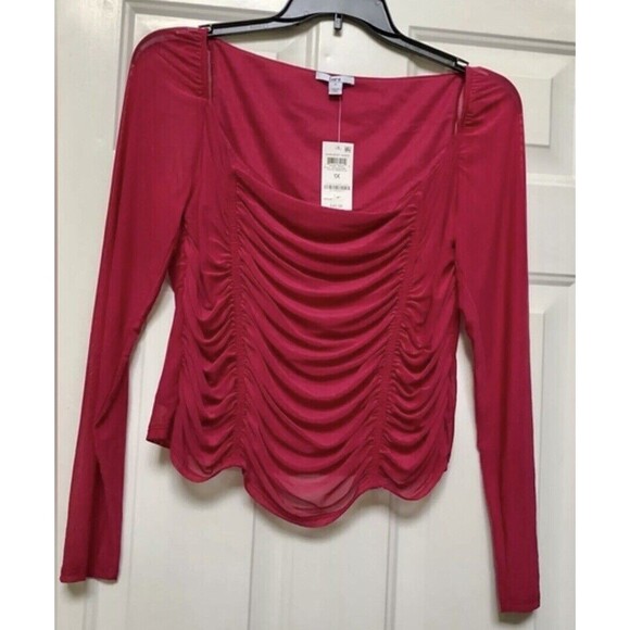 BAR III WOMEN'S TOP PLUS SIZE OX, 1X RED LONG SLEEVE SQUEARE NECK RUCHED COPPED - Picture 1 of 6